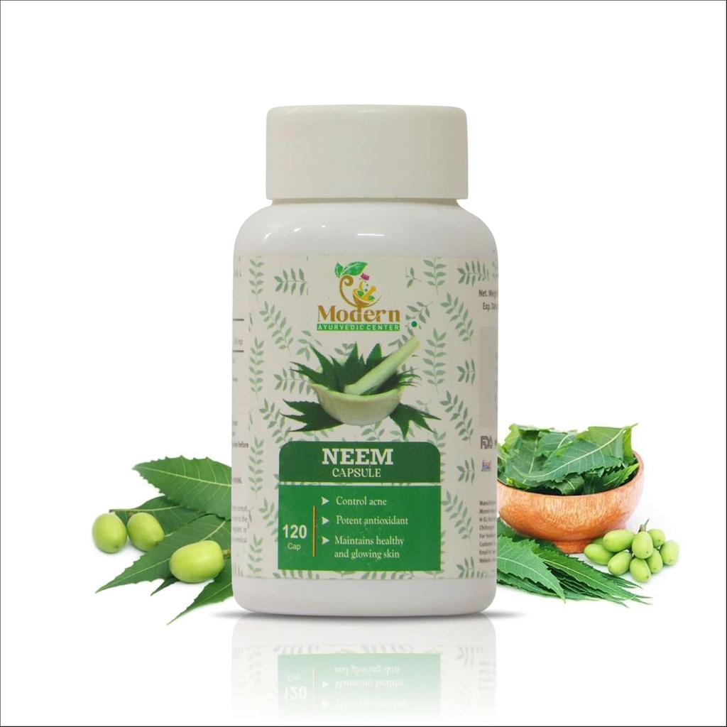 Modern Ayurvedic Center Organic Neem 120 Capsules Supports Acne Control, Antioxidant Protection, Healthy & Glowing Skin Pure Neem (Azadirachta Indica) Supplement for Natural Wellness