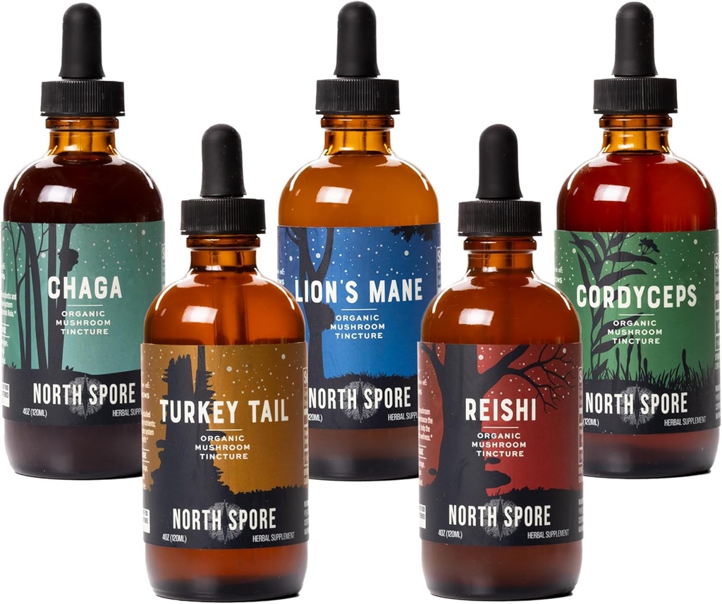 North Spore (5-Pack) Mushroom Tincture Variety Pack, 4 oz Cada mane del león, Chaga, Cordyceps, Turquía Tail, Reishi ← Orgánica, Vegan, No OGM TENIDO 100% Frutas Extractos del cuerpo