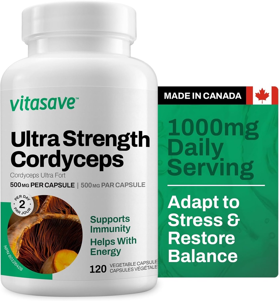 Vitasave Cordyceps Mushroom Suplemento – 1000mg Ultra Strength – Energía Natural, Resistencia &amp; Apoyo Inmunitario – Pure Vegan Capsules – No Gluten-Free – 120 Conde (60 Day Supply)
