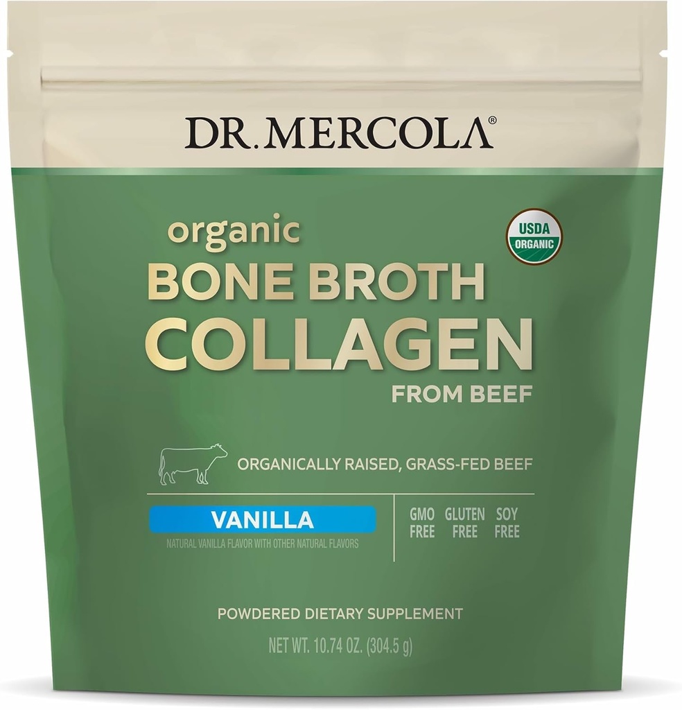 Dr. Mercola Orgánica Bone Broth Collagen Powder - Apoyo a la Salud Bone &amp; Crecimiento Musculo - USDA Organic, Non-GMO, Gluten-Free &amp; Dairy-Free - 30 Servimientos - Vanilla Flavor