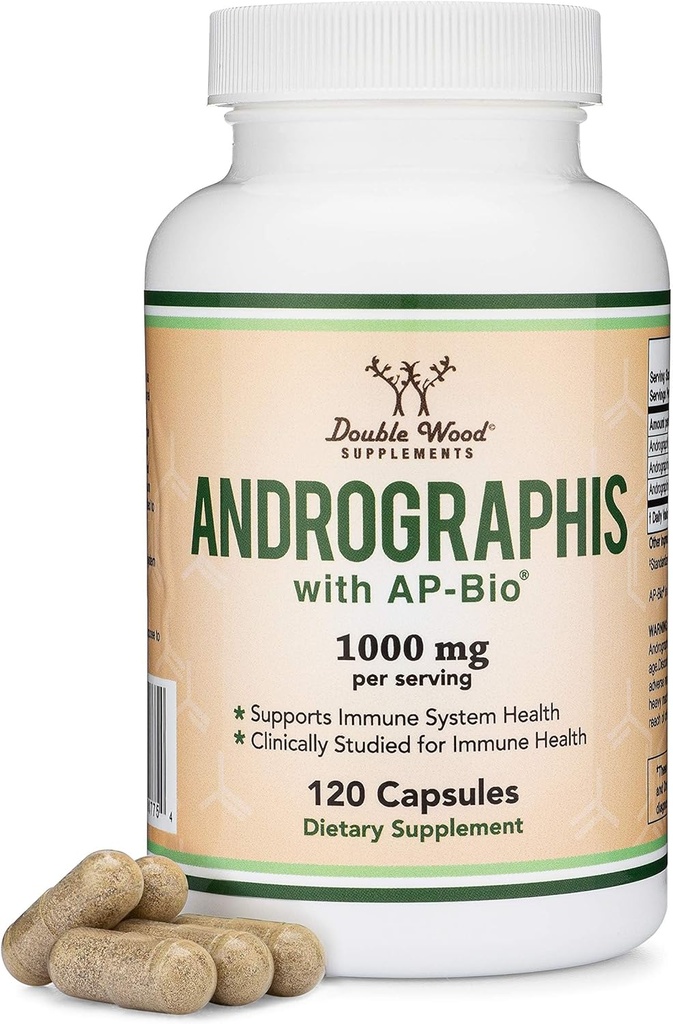 Andrographis Capsules Max Andrographides - 1000mg Tamaño de servicio (120 cápsulas) con AP-Bio (Extracto de Andrographis Paniculata) - Clínicamente estudiado para la salud del sistema inmunológico por madera doble