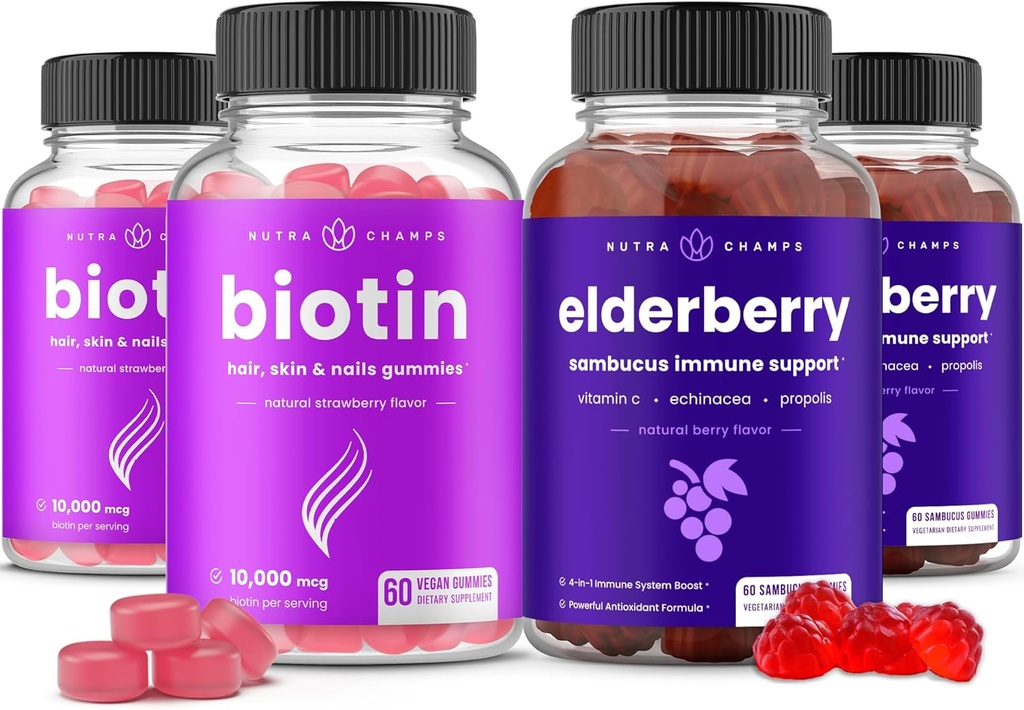 NutraChamps Biotin Gummies (2 Pack) y Elderberry Gummies (2 Pack) 4 Pack Bundle