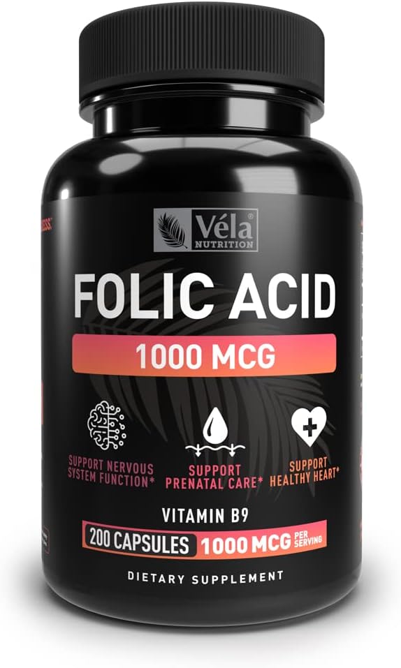 Folic Acid Supplement tención 1,000 mcg Por Serving, 200 Capsules ← Apoyo Corazón Salud, Apoyo Prenatal Suplemento Silencio No GMO, 3a Parte Testado