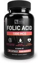 Folic Acid Supplement tención 1,000 mcg Por Serving, 200 Capsules ← Apoyo Corazón Salud, Apoyo Prenatal Suplemento Silencio No GMO, 3a Parte Testado