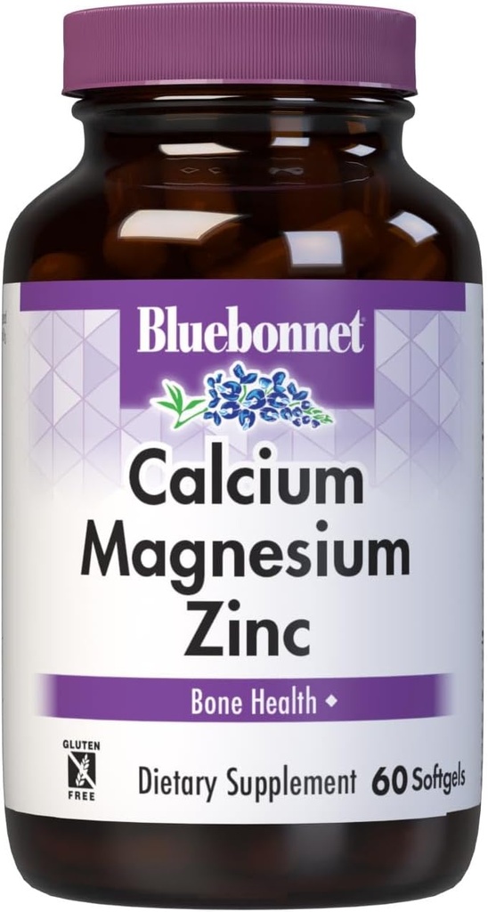 Bluebonnet Nutrition Calcium Magnesium Zinc Plus Vitamin D3, 1000 mg de Calcio, 500 mg de Magnesio y 15 mg de Zinc, 400 UI Vitamina D3, For Strong Healthy Bones*, Gluten-Free, Dairy-Fee, 60 softgel