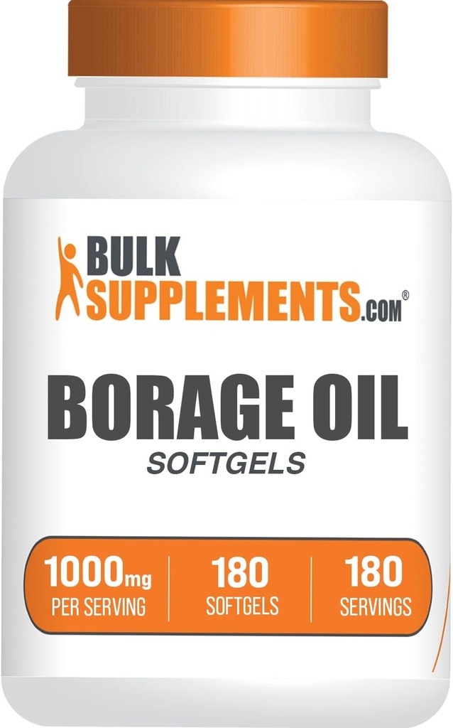 BulkSupplements.com Borage Oil Softgels - Gamma Linolenic Acid Suplemento, Borage Oil Suplementos, Borage Oil 1000mg - Gluten Free, 1 Softgel por Serving, 180 Cuenta (Pack of 1)