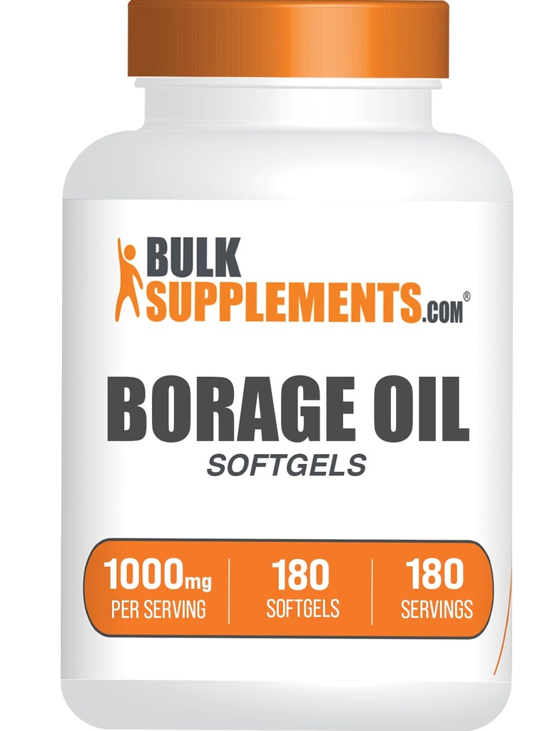 BulkSupplements.com Borage Oil Softgels - Gamma Linolenic Acid Suplemento, Borage Oil Suplementos, Borage Oil 1000mg - Gluten Free, 1 Softgel por Serving, 180 Cuenta (Pack of 1)