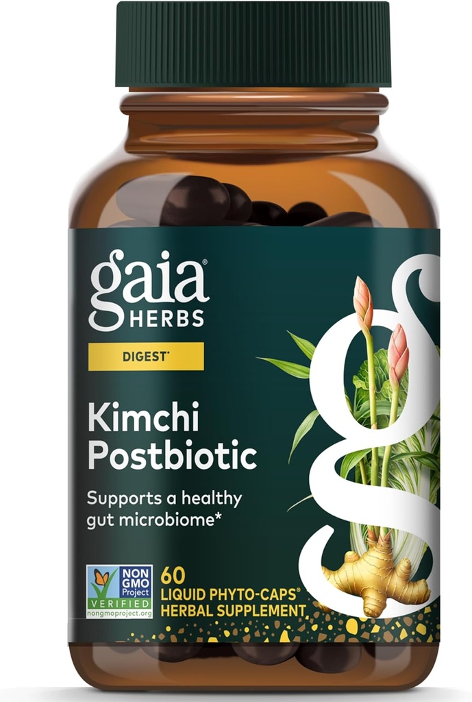 Gaia Herbs Kimchi Postbiótico - Suplemento Digestivo Natural para la Salud Gut - Hecho con Kimchi fermentado orgánico - Libre de Leche, Soy &amp; Gluten - 60 cápsulas Vegan (30 servidos)