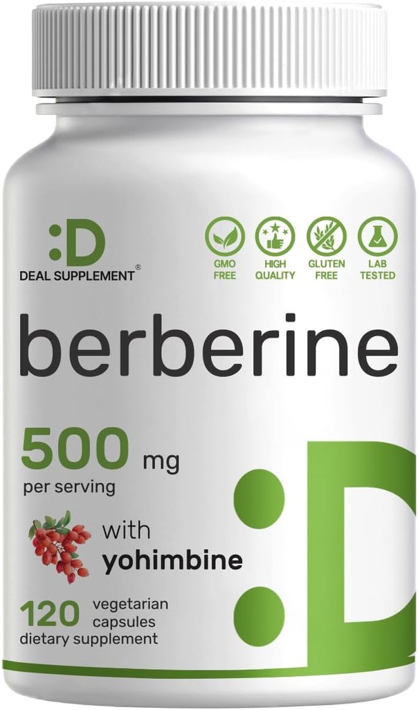Suplemento de bereberina con yohimbina, 500 mg por ser, 120 cápsulas de verduras – Extractos de corteza y corteza – Hidrocloruro de alta absorción Formas HCl – No GMO, Vegan