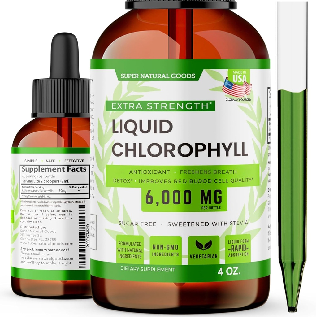 Chlorophyll Liquid Drops (1500 MG) - Immune Support Supplement for Energy, Focus & Wellness Boost, Detox Cleanse, Skin Health & Gut Health - Non-GMO & Vegan (4oz)
