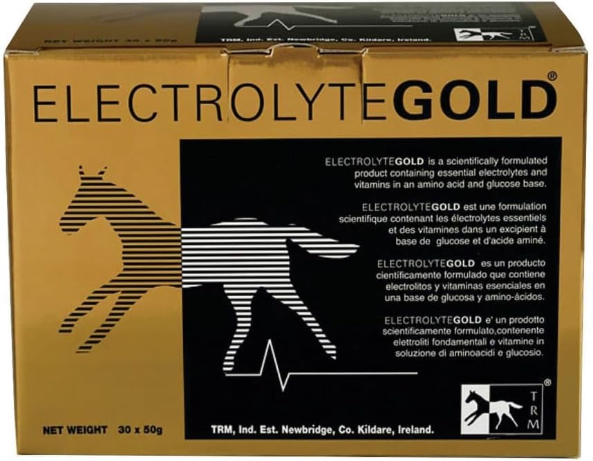 TRM Electrolyte Gold Performance Horse Feed Supplement for Electrolyte Replenishment ¦ Combats Fatigue Silencio Contiene Vitaminas C &amp; E - 30 Qty x 1,76 oz (30 Qty x 50g) - 30 Qty x 1,76 oz