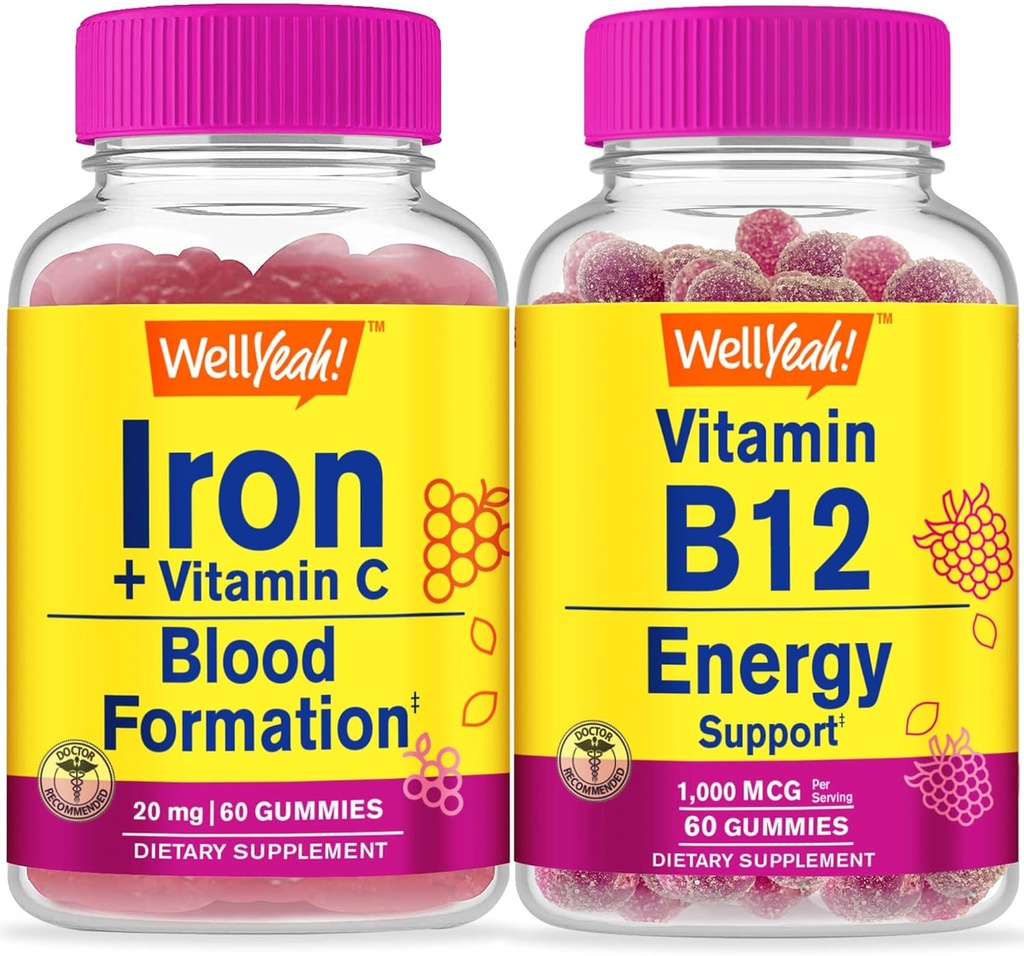 WellSí Iron+Vitamin C + Vitamina B12 1000mcg, Gummies Bundle - Gran Tasting, Suplemento de vitamina, Gluten Gratis, GMO Gratis, Chewable Gummy