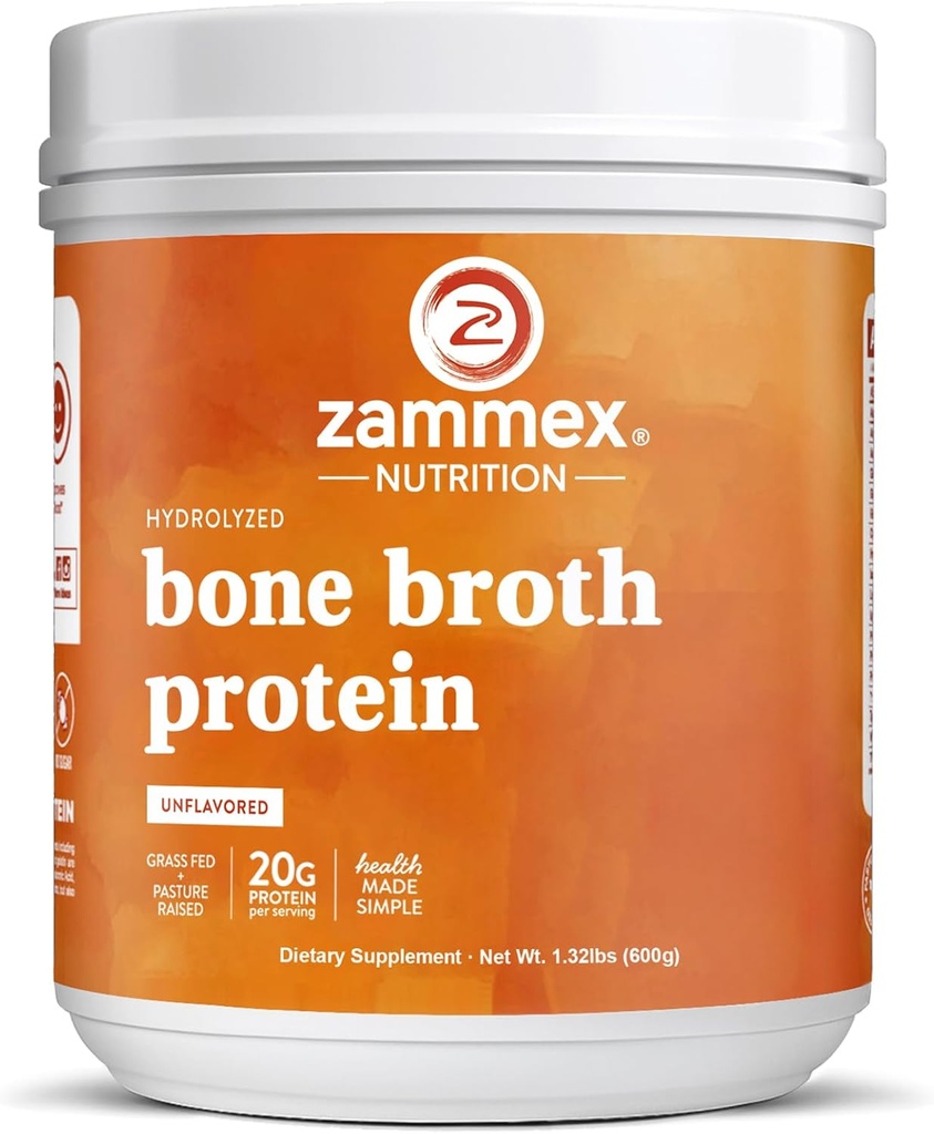 Zammex Pure Grass Fed Beef Bone Broth Protein Powder,20g Protein, Hidrolyzed Collagen Supplement for Healthy Skin,Nails,Hair,Joints, Non-GMO,Gluten Free,Paleo & Keto Friendly, Great in Soup