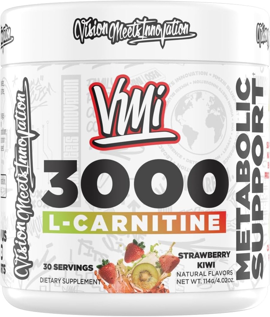 VMI Sports L-Carnitine 3000 Powder tención 3000 mg L-Carnitine TENIDO Apoyo metabólico Máximo Absorción Fórmula ANTE Gran Sabor para Hombres y Mujeres ANTE 30 Servimientos (30 Servimientos, Fresa Kiwi)