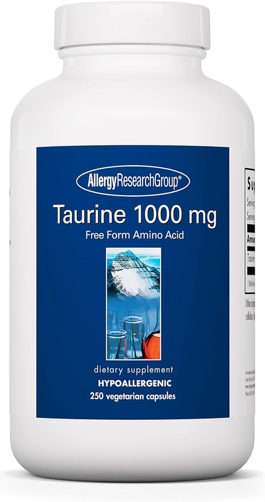 Allergy Research Group Taurine 1000mg Supplement - Cardiovascular Support, Free Form Amino Acid, Pure, Organic, Vegetarian Capsules - 250 Count