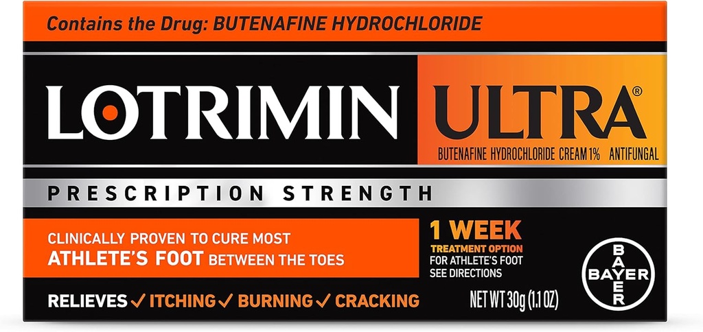 Lotrimin Ultra 1 Week Athlete's Foot Treatment, Prescription Strength Butenafine Hydrochloride 1%, Cures Most Athlete’s Foot Between Toes, Cream, 1.1 Oz