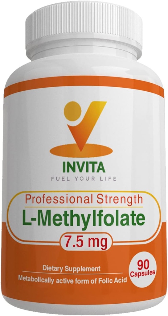 INVITA L-Methylfolate - Professional Strength Active Methyl Folate - 5-MTHF Supplement for Energy, Mood & Immune Support - Non GMO, Gluten Free, No Fillers (7,5 Mg)