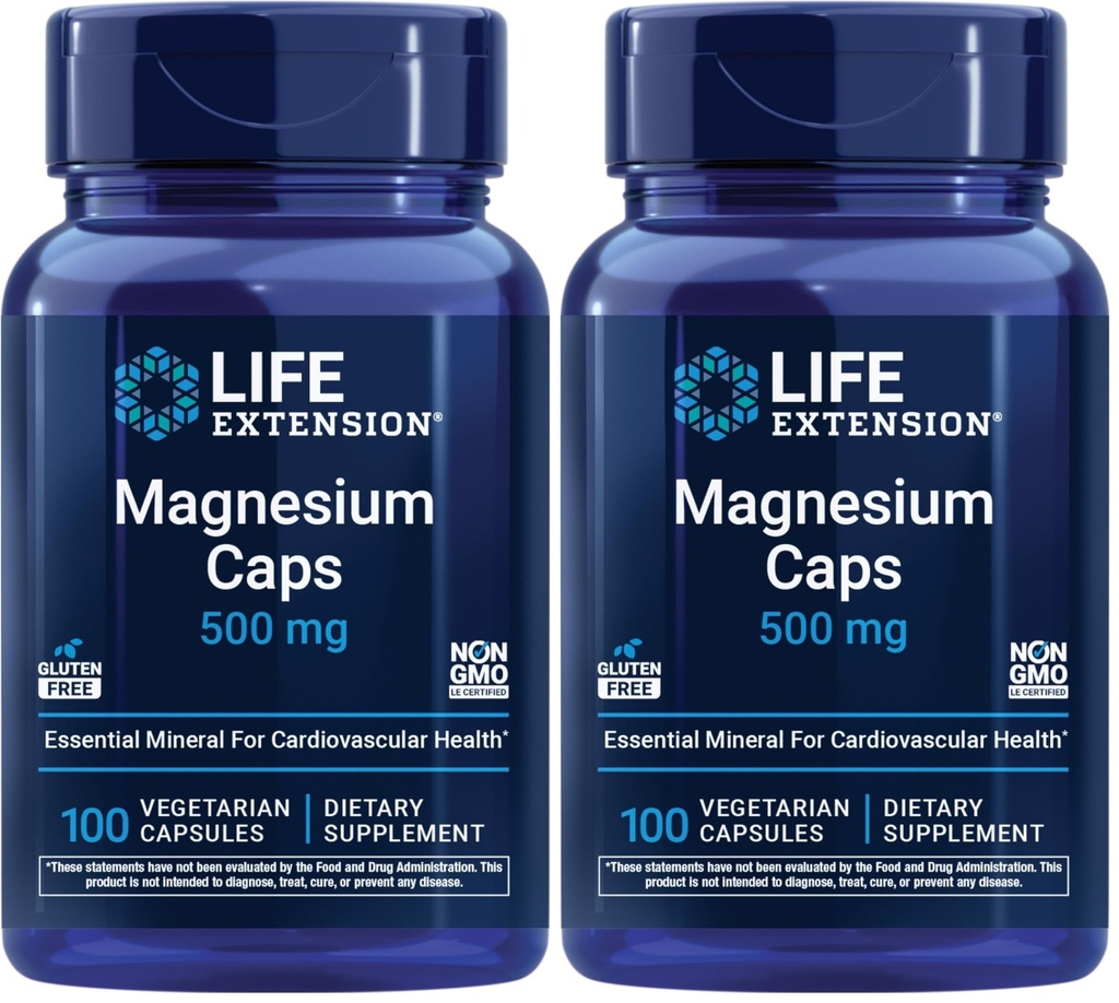 Life Extension Magnesium Caps, 500 mg, Magnesium Oxide, Citrate, Succinate, Heart Health, Healthy Bones, Metabolism Support, 100 Vegetarian Capsules (Pack of 2)