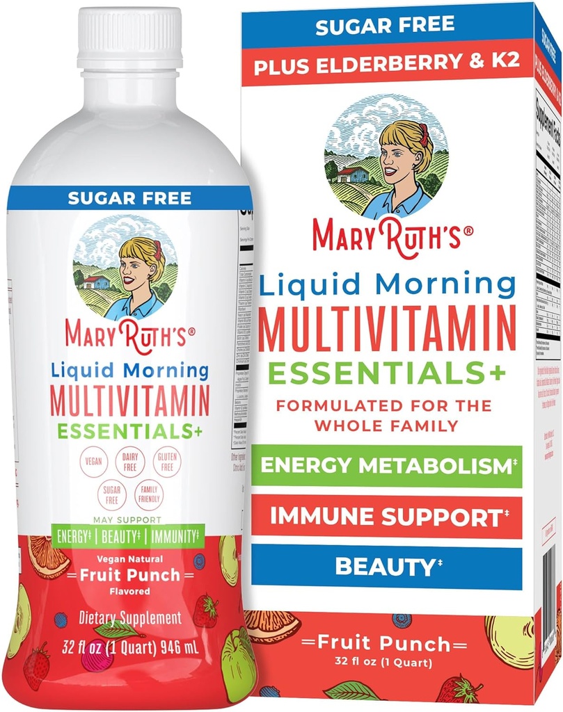 MaryRuth Organics Liquid Morning Multivitamin Essentials+ ← Vitamina A C D E B6 B12 Biotin Zinc, Mens Womens Multivitamin, Immune Support, Beauty peru Sugar Free ← Vitaminas for Ages 1+  Vegan ← 32 Fl Oz