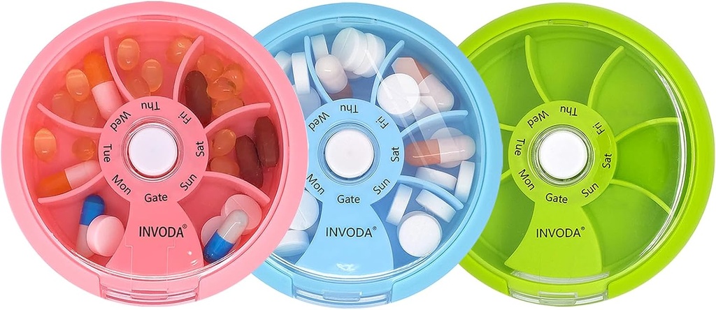 INVODA Organizador semanal de píldoras 7 Caja de píldoras rotativas para medicamentos diarios & vitaminas - Portable Caja de píldoras de viaje Suplementos de aceite de pescado Vitaminas Organizador (Pink+Sky Blue+Green)