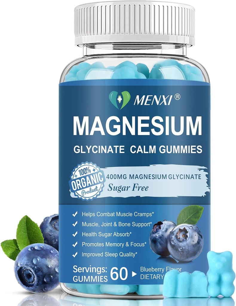 Magnesium Gummies 600mg por Serving-Magnesium Glycinate 400mg y Magnesium Malate 200mg,Sugar Suplemento de Potasio de Magnesio Libre para Mood Calma, Muscle, Bone &amp; Sleep Support,60 Blueberry Gummies