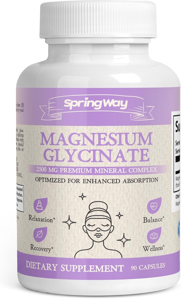Spring Way Magnesium Glycinate 2500mg ← Magnesio altamente absorbible para el apoyo nutriente ← Altamente Absorbable Glicinato de Magnesio ← Vegan > Sin gluten, 90 cápsulas