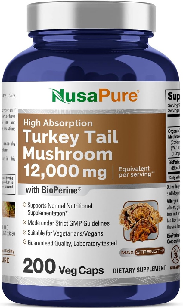 NusaPure Turkey Tail Mushroom Capsules, 10:1 Extract, 1200 mg Equivalent to 12,000mg, 200 Vcaps, Non-GMO, Gluten Free, Bioperine