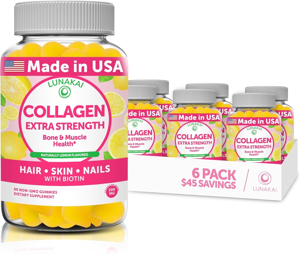 Lunakai Collagen Gummies - Tastiest Proprietary Formula - 200mg Hidrolyzed Collagen Gummies for Women and Men with Biotin, Zinc, Vitamin C and E - Non-GMO Anti Aging Supplement for Women - 6 Pack