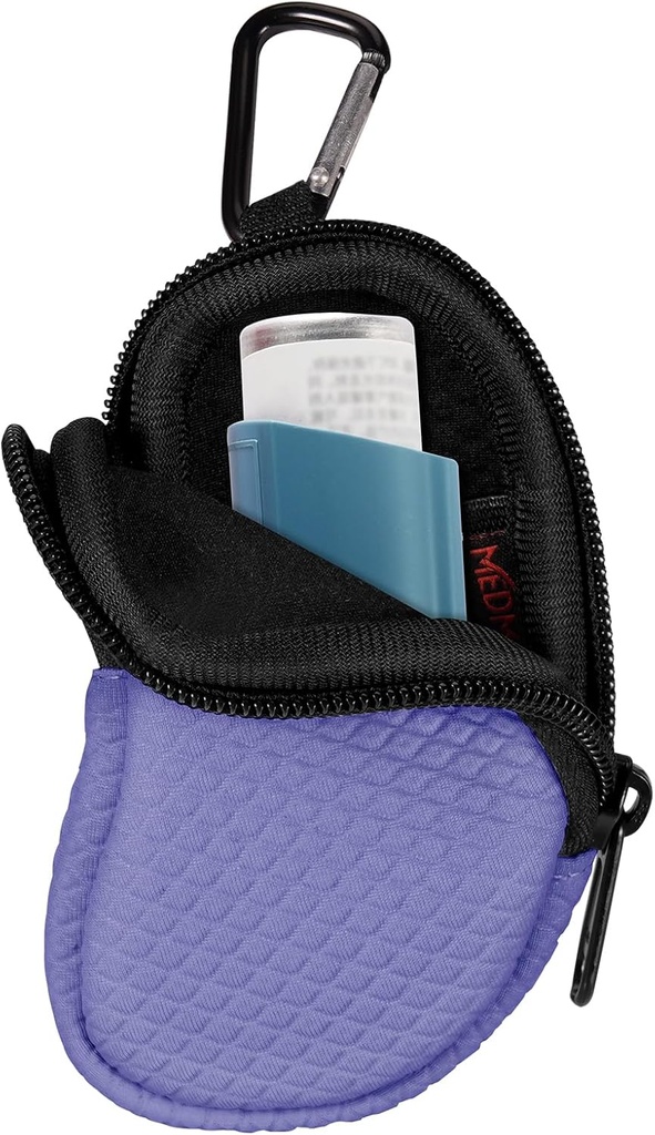Neoprene Asthma Inhaler Holder, Protective Portable Travel Handy Holster, Lightweight Carrying Case with Carabiner Clip and Mesh Pocket Inside, Inhaler Not Included (Case Only) (Violet)
