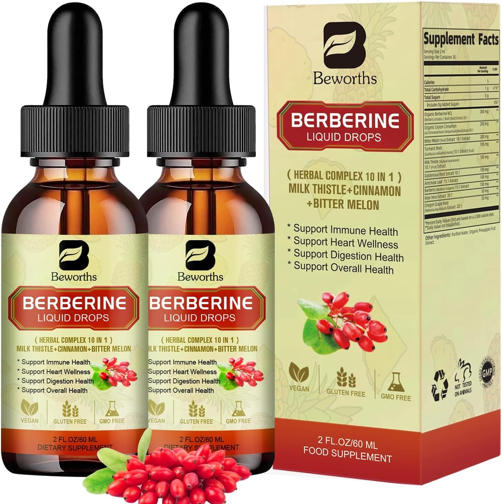 2Pack Berberine Supplement - Berberine Liquid Drops with Ceylon Cinnamon, Turmeric, Bitter Melon, Milk Thistle, Berberine HCL Supplement Activa AMPK & GLP-1 for Digestion System Support