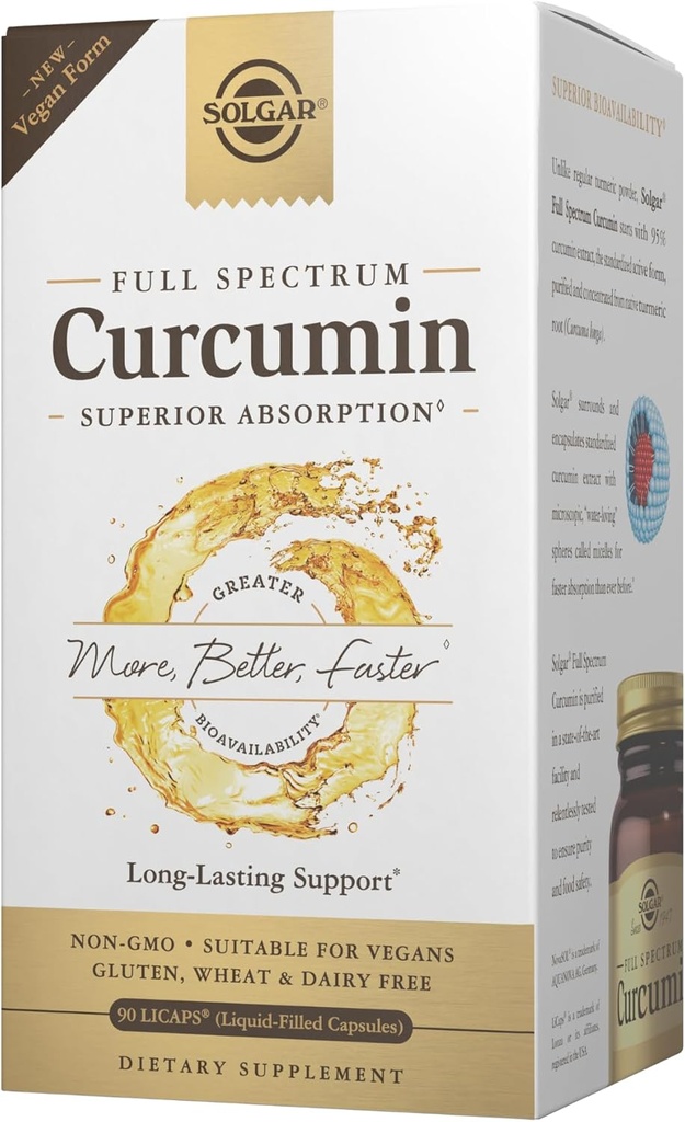 Curcumina de espectro completo de Solgar - 90 LiCaps - Absorción superior - Cerebro, Salud conjunta e inmunitaria - No GMO, Vegan, Gluten Gratis, Dairy Free - 90 Servings
