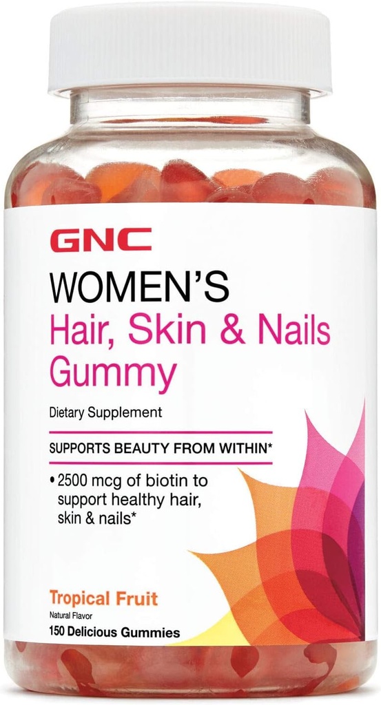 Pelo de las mujeres GNC, Esquí y uñas Gummy - Frutas tropicales, 150 Gummies, Contiene Biotina para cabello fuerte y saludable, piel y uñas