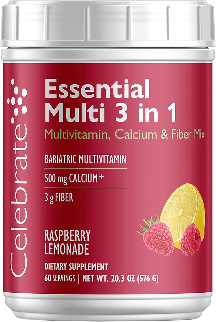 Celebrar vitaminas 3 en-1 Multivitamina Bariatrica con Calcio Citrate Bebida Mix - 500 mg Calcio, Gluten Gratis, Azúcar Gratis - Polvo Blend for Post Cirugía Bariatric - Rasp Lemonade (60 Servings)