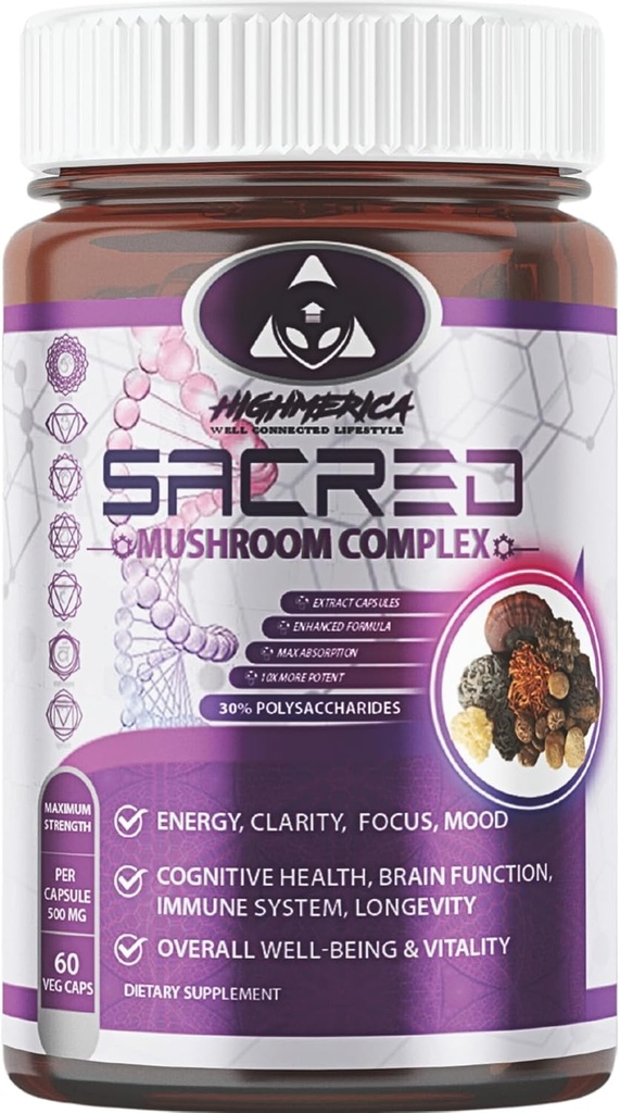7 Complejo Sagrado de Mushroom - Mane, Cordyceps de León, Reishi, Turquía Tail, Chaga, Maitake & Shiitake - Nootropic for Brain and Cognitive Support - Energy &amp; Immunity
