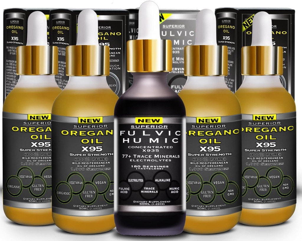 Fulvic Acid Humic Ionic Trace Mineral Drops with Electrolytes Plus Oregano Oil Drops Super Strength Más Versátil Luego Óleo de Oregano Softgels y Capsules