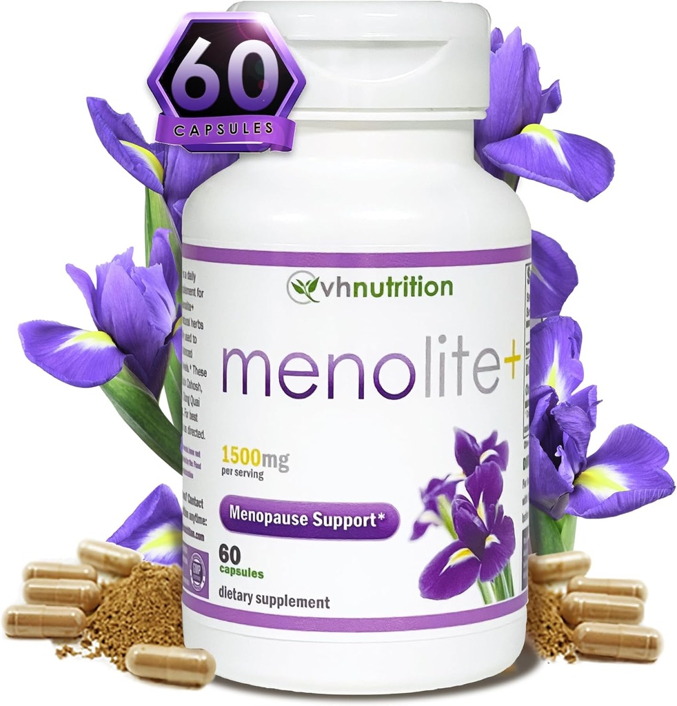 VH Nutrition MENOLITE+ Silencioso Suplemento de la menopausia* para las mujeres sometidas Maximum Strength Hormonal Support* y Hot Flash Relief* ↑ Natural Formula for Menopause Symptom Relief ← 60 Capsules