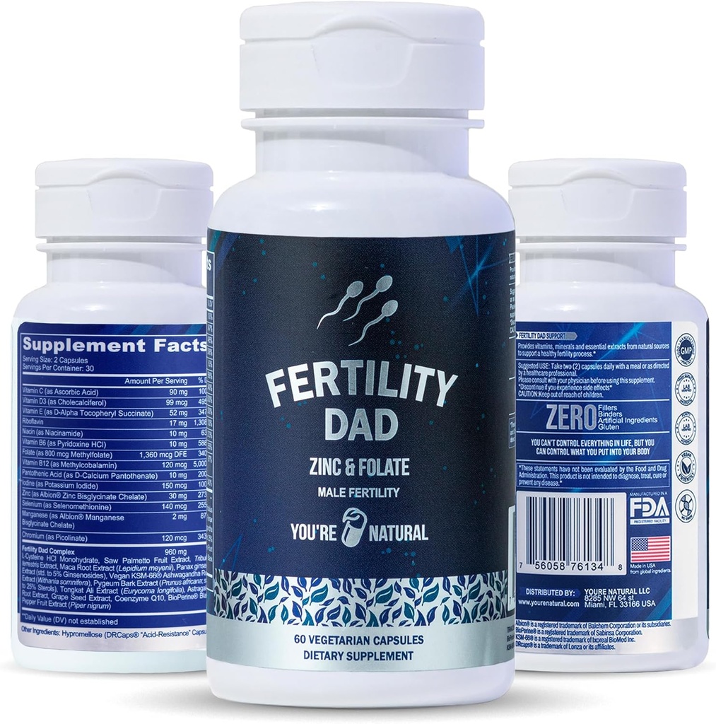 Usted es NATURAL Hombre Fertilidad Vitaminas, Esperma Optimal Conde, Motilidad y Fuerza, Ashwagandha, Folic Acid 800 mcg, Magnesium, Maca Root, L-carnitine, Vitamina C, E, D3, Zinc tención 30 Day Supply