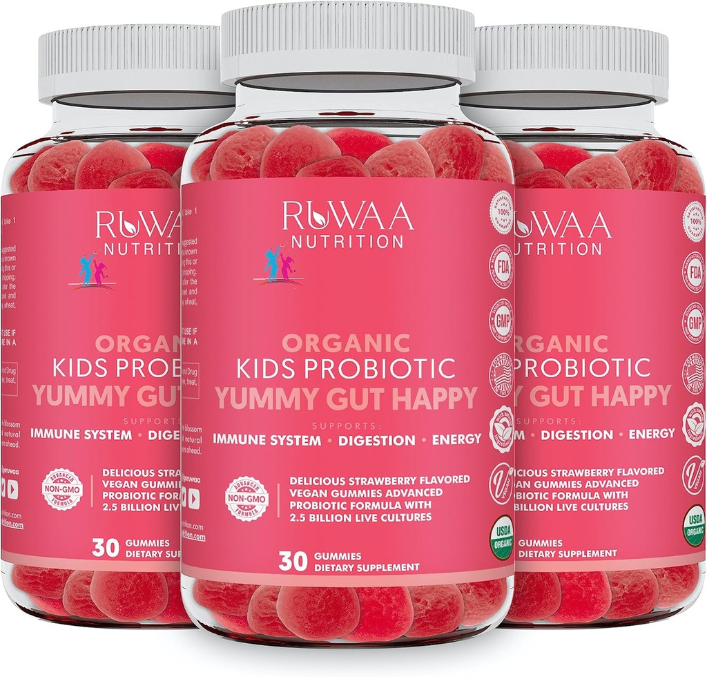 Gummies probióticas para la salud digestiva, Probiótico diario picante para niños mayores de 4 años. Oral Care, Abdominal Discomfort, Gut Health. Sabor de fresa, USDA Orgánico, Probióticos para niños 90ct (3)