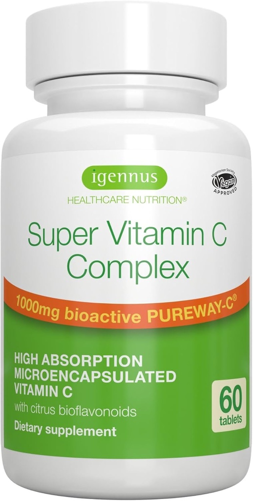 Igennus High Absorption Super Vitamin C, Clean Label Pureway-C 1000mg, Vegan Vitamina C con Bioflavonoids, 60 Servings, 24-Hour Action, Immune Health, Energy, Heart &amp; Brain
