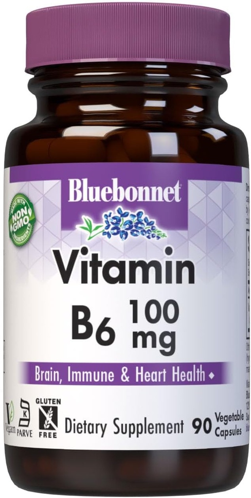 BlueBonnet Nutrition Vitamina B 6 100 mg Energy Vitamins for Women &amp; Men - Nervous System Immune & Heart Health Support Supplement - Non-GMO, Vegan, Gluten-Free - 60 cápsulas vegetales