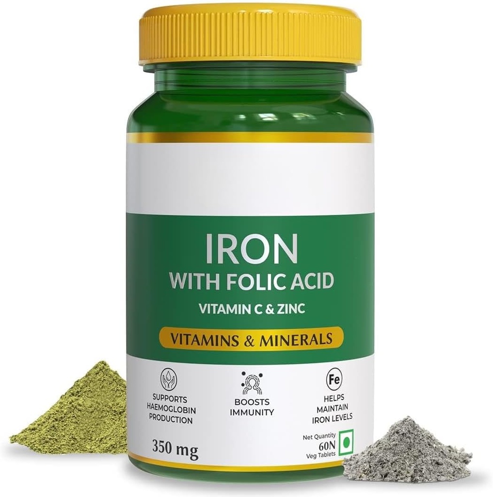 Hierro natural con ácido fólico, zinc, vitamina C &amp; vitamina B12 para apoyar la producción de haemoglobina, inmunidad superior &amp; nivel de hierro principal - 60 tabletas de veg