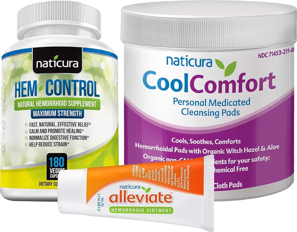 Bundle - Alivio Natural Hemorrhoid Alivio Ungüento, Hem-Control Natural Hemorrhoid Suplemento (180 Cuenta), y CoolComfort Personal Cleaning Pads (100 Cuenta) - All-Natural, Fast Acting