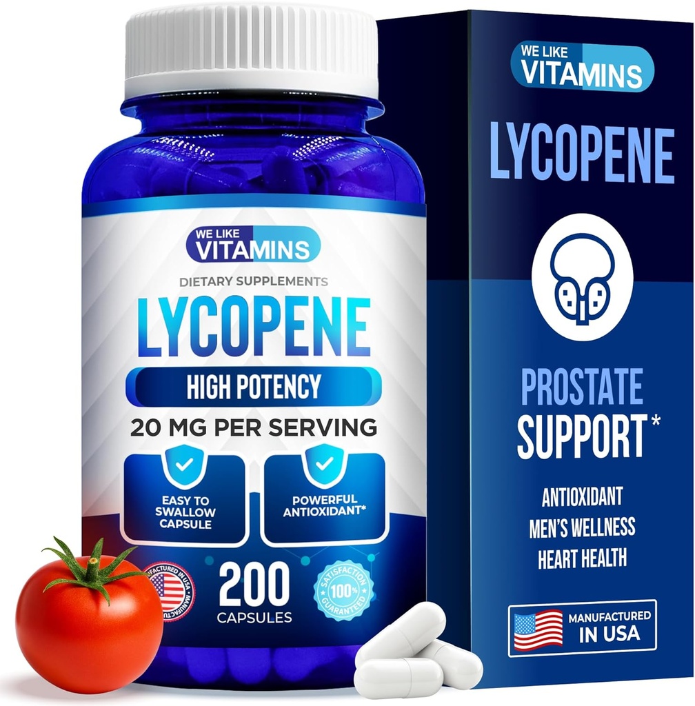 Nos gusta Vitaminas Suplementos de Lycopene para Hombre - Lycopene 20mg Por Serving - 200 cápsulas - Super Antioxidante que ayuda a apoyar el sistema de inmuno y la salud de próstata