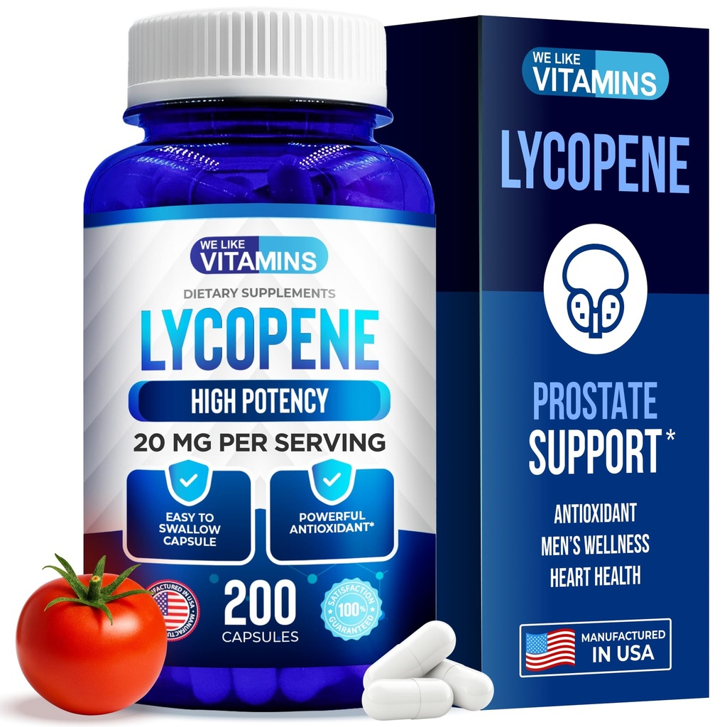 We Like Vitamins Lycopene Supplements for Men - Lycopene 20mg Per Serving - 200 Capsules - Super Antioxidant which Helps Support Immune System and Prostate Health