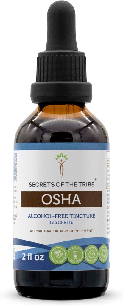 Secretos de la tribu OSHA Extracto libre de alcohol, gotas herbales de alta potencia, Tintura Hecha de OSHA sistema respiratorio porteri de responsabilidad porteri Health 2 oz