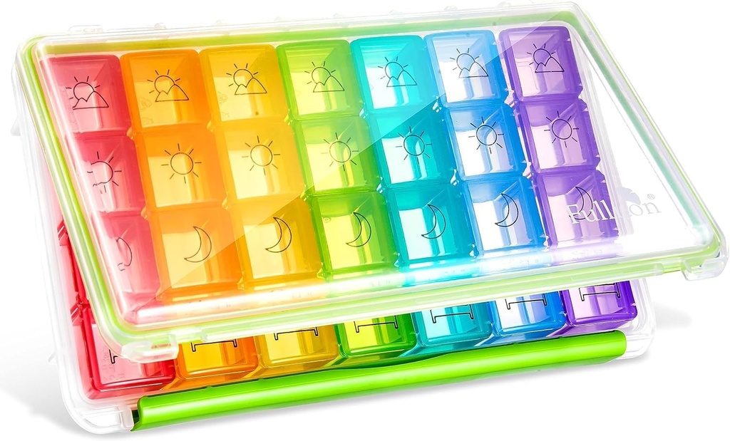 Organizador semanal de píldoras Fullicon 4 veces al día, caja de píldoras 7 días para viajar, Moisture-Proof Daily Pill Organizer, gran caja de píldoras para la medicina, vitamina, aceite de pescado y suplemento (Clear y verde)