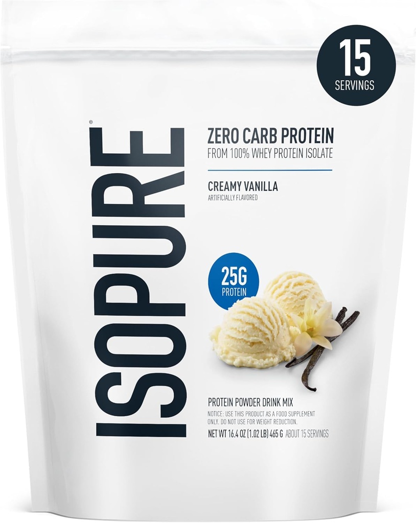 Isopure Zero Carb 100% Pure Whey Isolate Protein Powder, Lactose Free, Gluten Free, with Vitamins, Creamy Vanilla, 25g Protein Por Serving, 1 Lb, 15 Servings (Packaging May Vary)