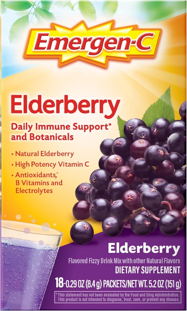 Emergen-C Elderberry Fizzy Drink Mix, Elderberry Immune Support, Natural Flavors, Con alta potencia Vitamina C, 18 Cuenta
