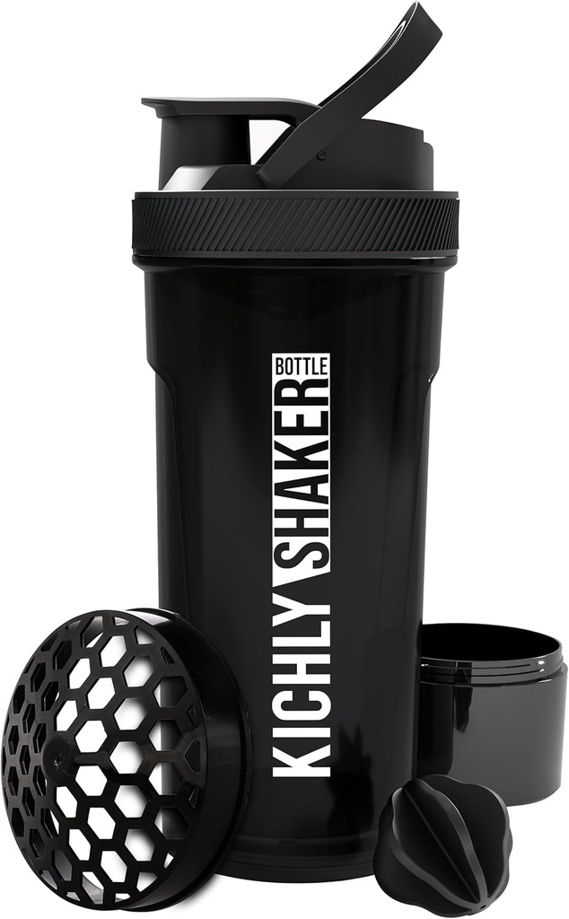 KICHLY Shaker Bottle 1 Pack - 24 Ounce Plastic Protein Shaker Botella para Pre &amp; Post entrenamiento con Twist & Lock Protein Box Storage (Black)