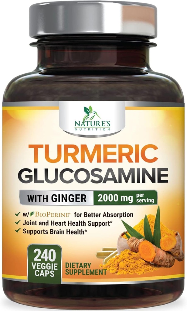 Curcumina Turmérica Suplemento 2000mg - 95% Curcuminoides con Glucosamina, Ginger &amp; MSM, BioPerine Black Pepper para la mejor absorción, Apoyo Conjunto Vegano de la Naturaleza, Non-GMO, Botellado en EE.UU. - 240 cápsulas